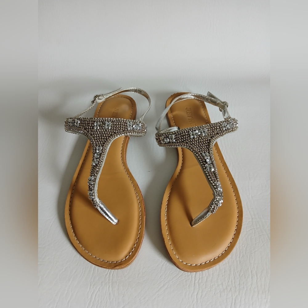 Women's JustFab Silver & Gold Beaded Sandals Sz8M Side Buckle
